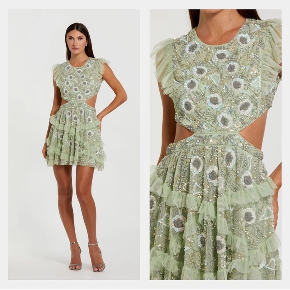 Mac Duggal 35101 NWT Embellished Jewel Neck Tulle Ruffle Mini Dress in Sage - Picture 1 of 9